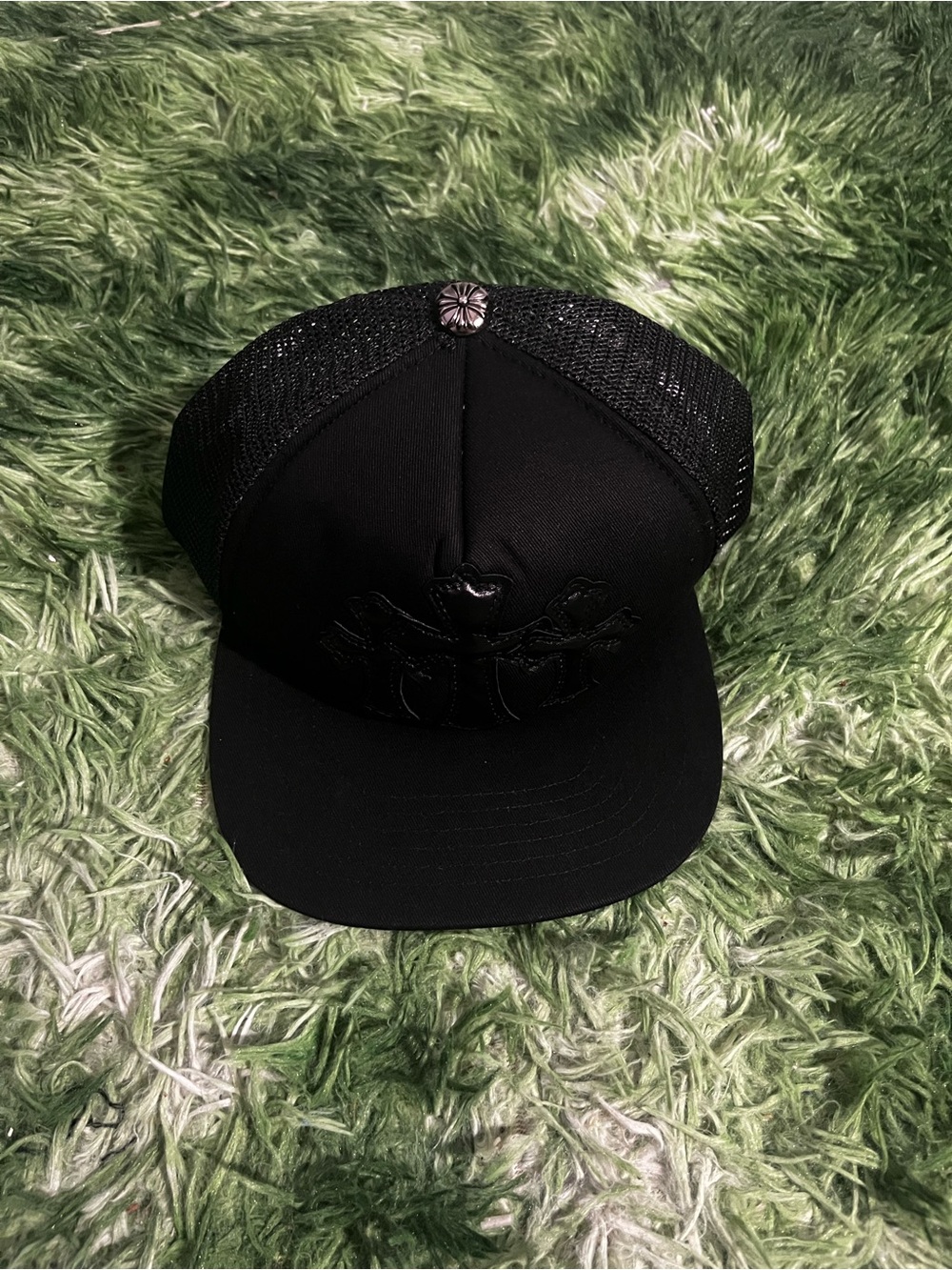 Men's Black Embroidered chrome hearts Trucker Hat with Metal Accent